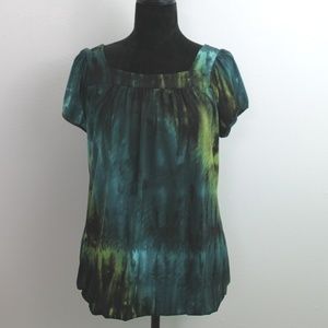Dressbarn Blue & Green Short Sleeve Blouson Top